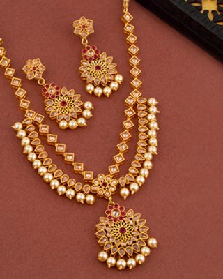 Faux Pearls and CZ Gems Embellished Ethnic Necklace Set