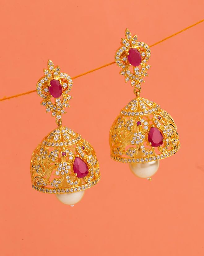 Red Gems And Pearls Jhumka Earrings Voylla Fashions Kundan jhumka earrings from sunitha jewelers in 22 carat gold embellished with precious stones. voylla