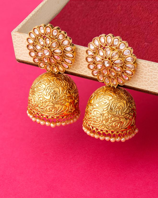 Antique Inspired Jhumka Earrings Voylla Fashions Cz gems adorned and yellow gold plated. voylla