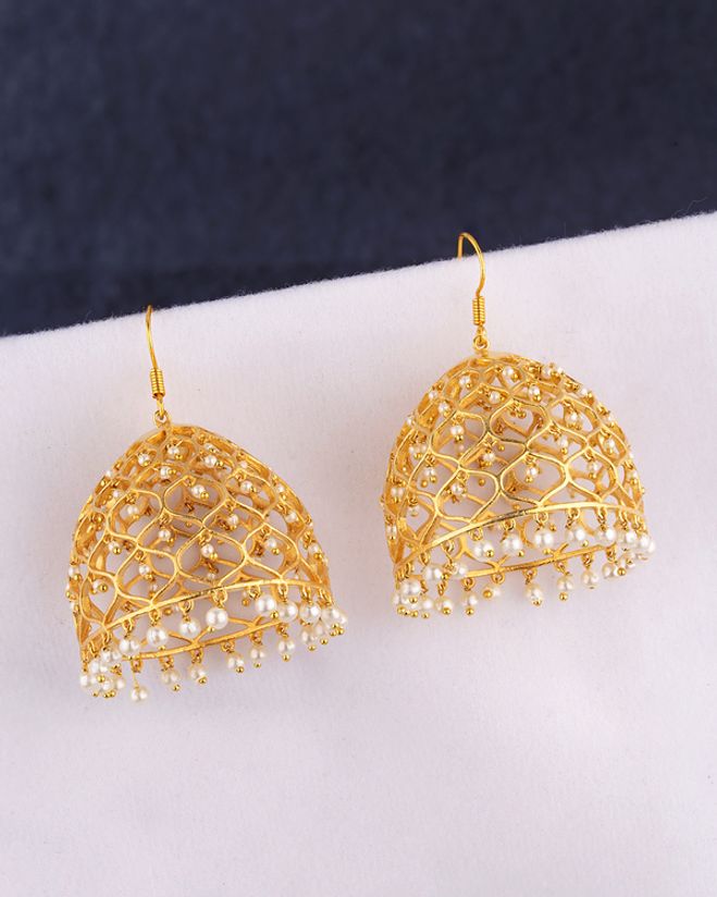 Jaali Pearl Gold Tone Jhumka Earrings Voylla Fashions Inscribed asymmetrical earrings inspired by mythological symbols and mantras. voylla