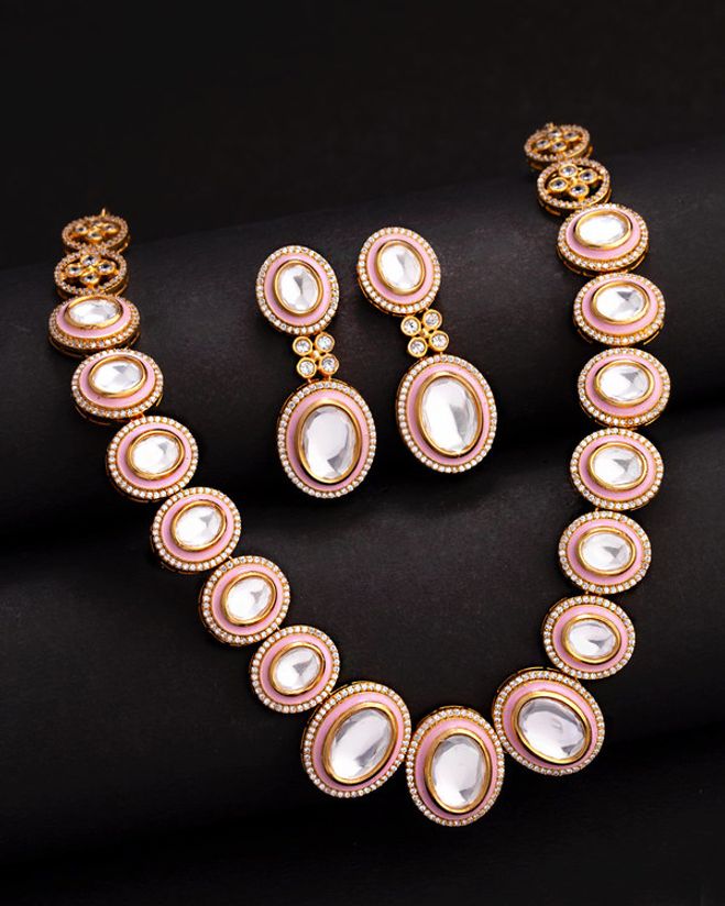 Pink Polki And Kundan Necklace Set Voylla Fashions Flamboyant necklace set adorned with alluring pearl beads. voylla